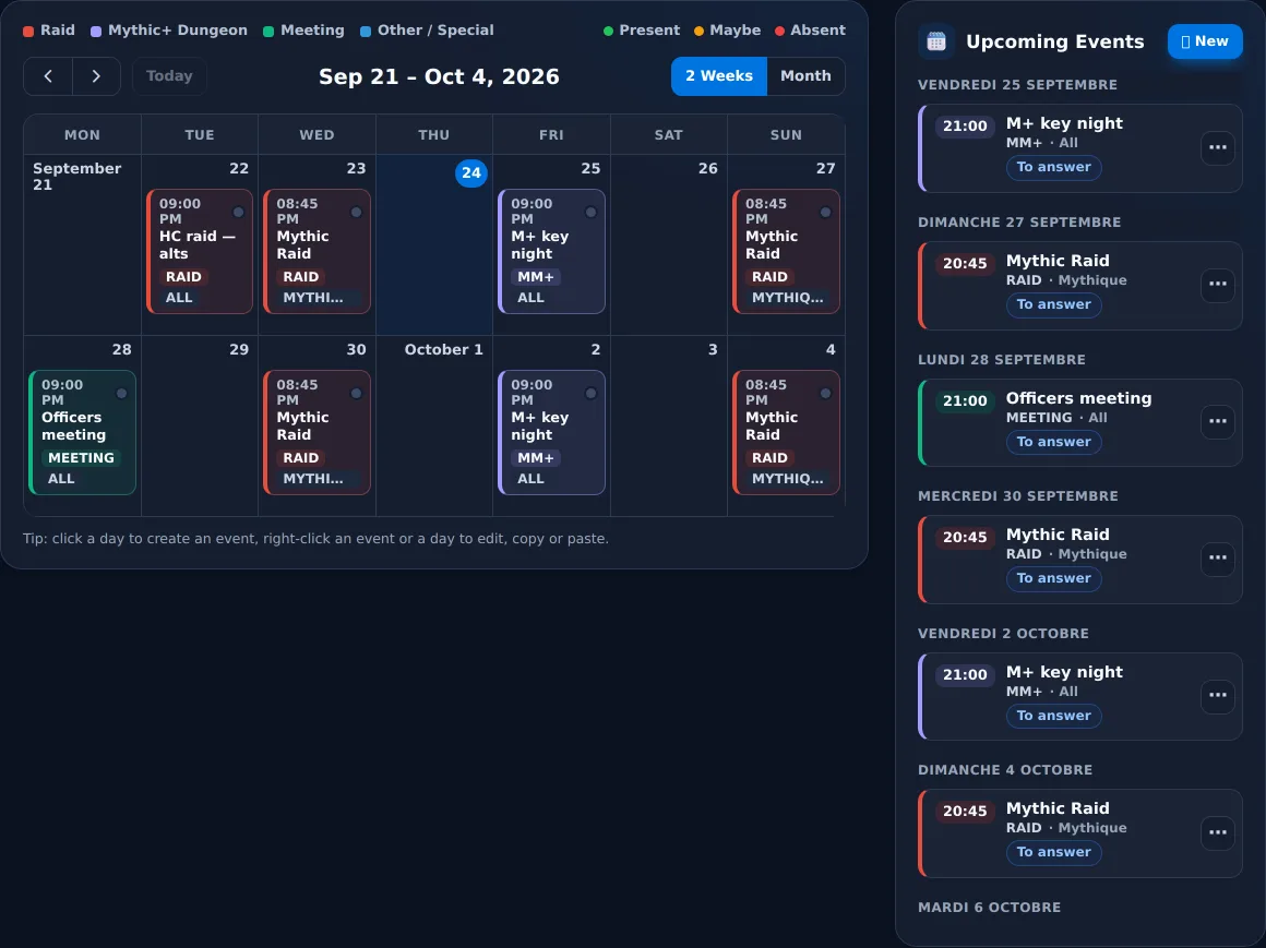 Guild calendar with raids, M+ nights and meetings