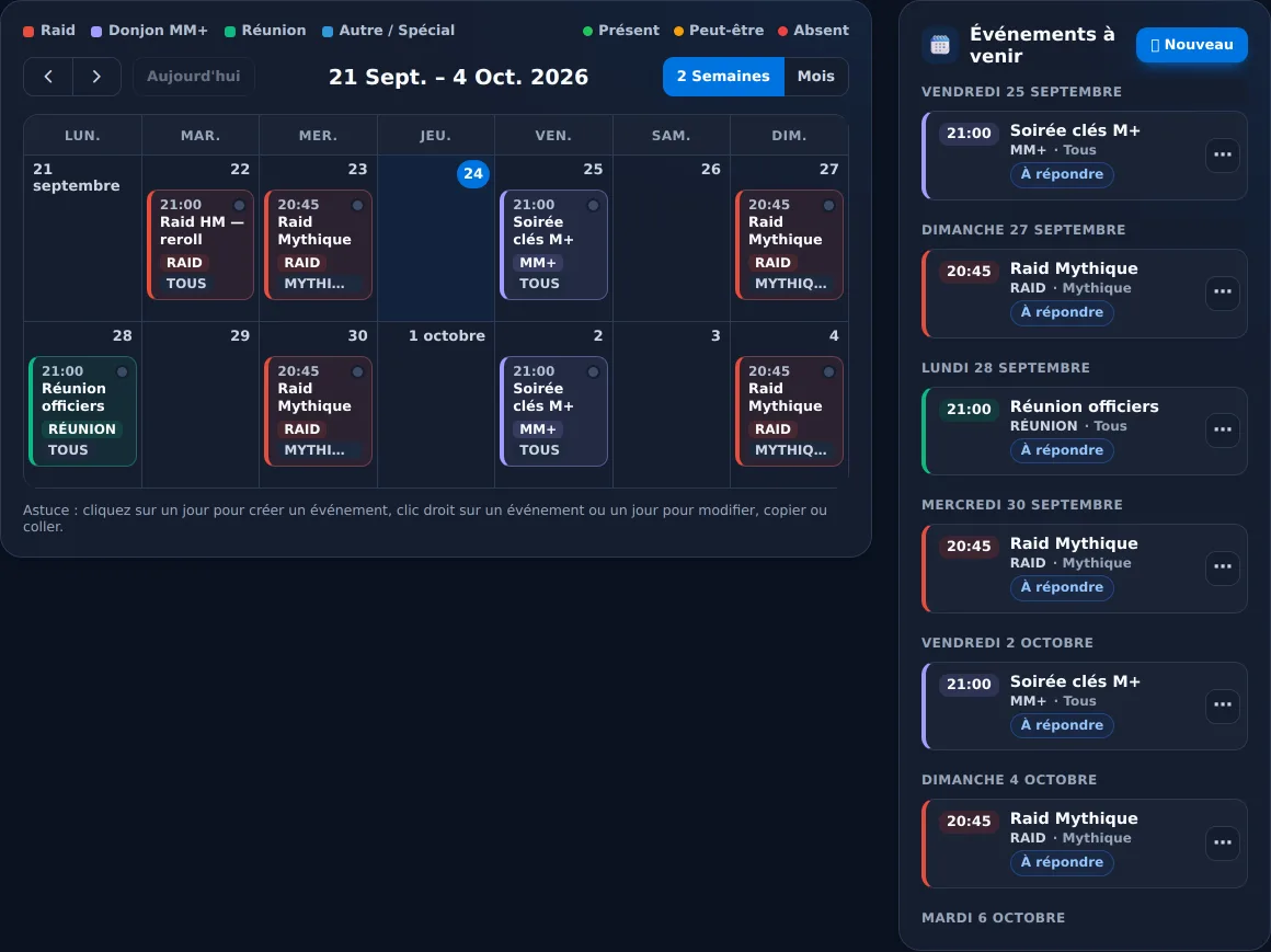 Calendrier de guilde avec raids, soirées M+ et réunions